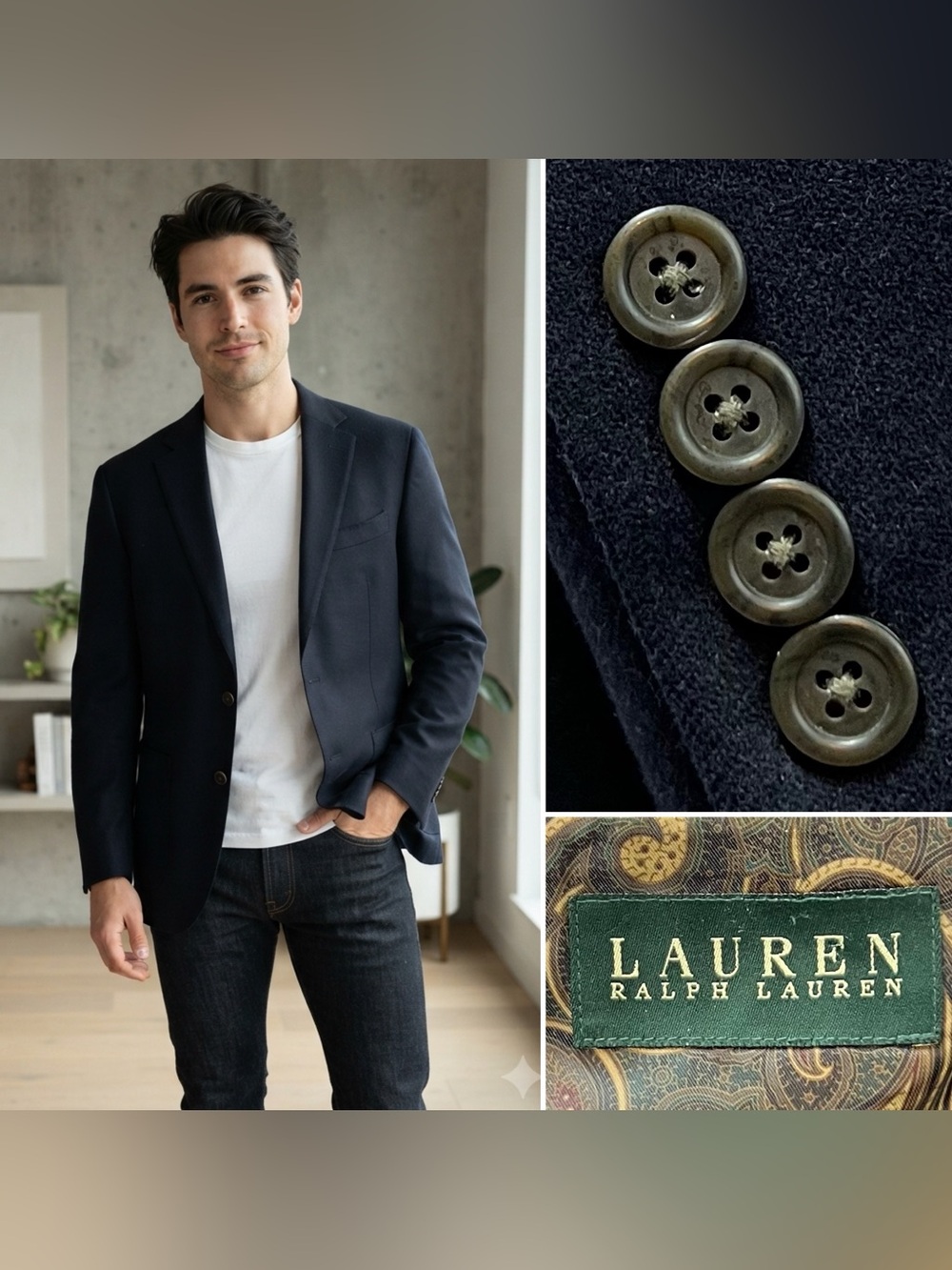 Ralph Lauren Men's 46R Navy Blue Wool/Cashmere Blend Blazer Jacket